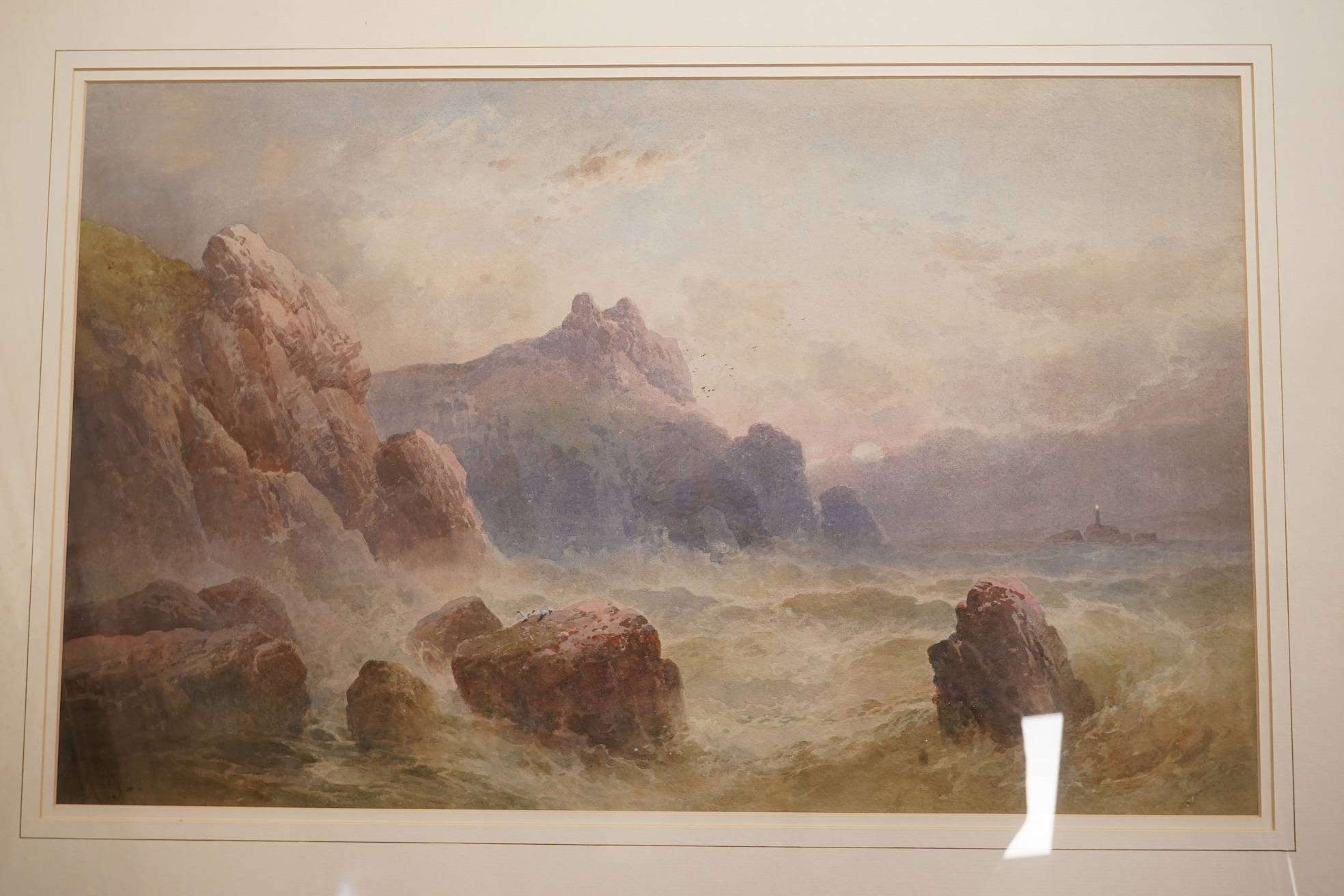 English School, Rocky coastal scene, indistinctly signed, watercolour, 35 x 50cm